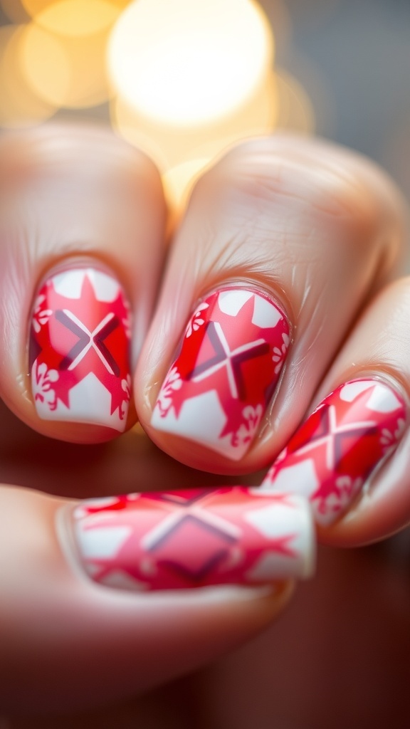 Festive red quadrate Christmas nail art design on manicured nails.